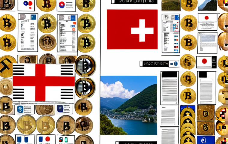 **Global Cryptocurrency Regulations Collage:** A digital collage showcasing diverse international approaches to cryptocurrency regulation. Include symbols representing different countries (e.g., Swiss flag, Japanese characters) alongside images of blockchain technology, legal documents, and a stylized FATF logo. The overall impression should convey a complex and evolving landscape.