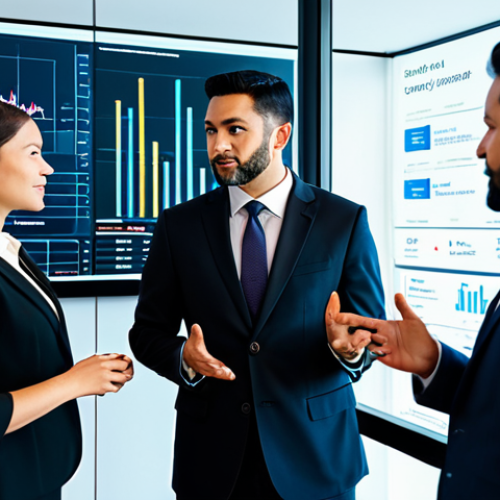 A diverse group of professional individuals, male and female, fully clothed in modest business suits and appropriate professional attire, gathered in a modern, global financial technology hub. They are engaged in a collaborative discussion around a large holographic display, showing intricate digital currency data and global economic trends. The environment is sleek, brightly lit with integrated digital screens and glass walls. The scene depicts perfect anatomy, correct proportions, and natural poses, with well-formed hands and proper finger count. This professional, high-quality image embodies innovation and stability in digital finance, ensuring it is safe for work and appropriate content.