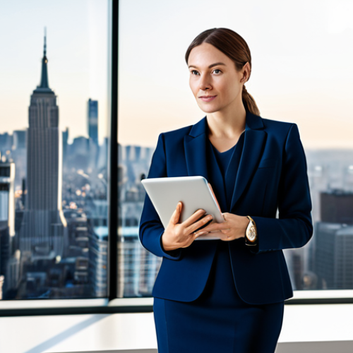 **

A professional woman in a modest navy business suit, standing in a brightly lit modern office, holding a tablet. Background includes blurred cityscape view through a large window.  Fully clothed, appropriate attire, safe for work, perfect anatomy, natural pose, professional photography, high quality.

**