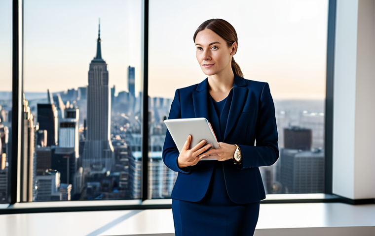 **

A professional woman in a modest navy business suit, standing in a brightly lit modern office, holding a tablet. Background includes blurred cityscape view through a large window.  Fully clothed, appropriate attire, safe for work, perfect anatomy, natural pose, professional photography, high quality.

**