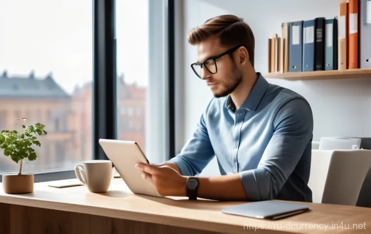 디지털화폐와 경제 발전 - **Prompt:** A serene and focused young professional, dressed in smart casual attire, sits at a moder...