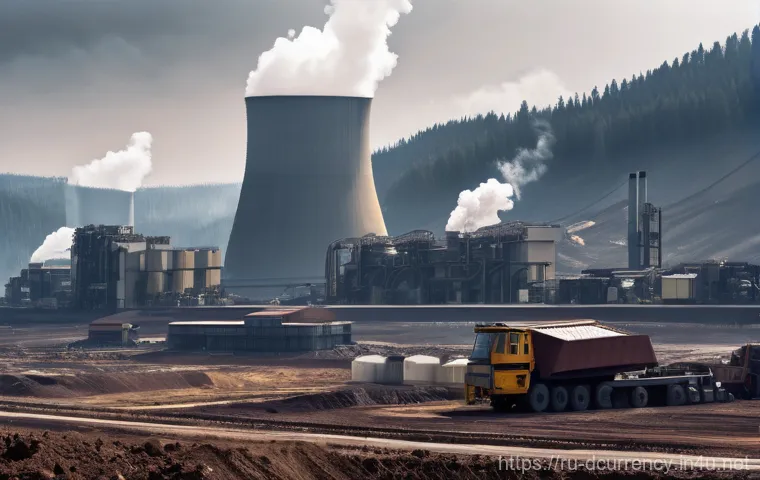 디지털화폐의 탄소 발자국 - The Carbon Footprint of Traditional Crypto Mining**
Prompt: "A high-angle, dramatic shot showcasing...