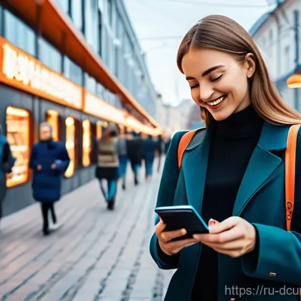 디지털화폐의 전통 금융과의 융합 - **Prompt:** "A vibrant, futuristic depiction of a modern Russian street or marketplace. A young woma...