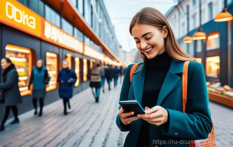디지털화폐의 전통 금융과의 융합 - **Prompt:** "A vibrant, futuristic depiction of a modern Russian street or marketplace. A young woma...