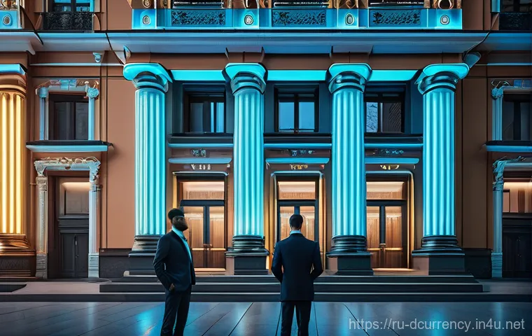 디지털화폐의 전통 금융과의 융합 - **Prompt:** "A vibrant, futuristic depiction of a modern Russian street or marketplace. A young woma...