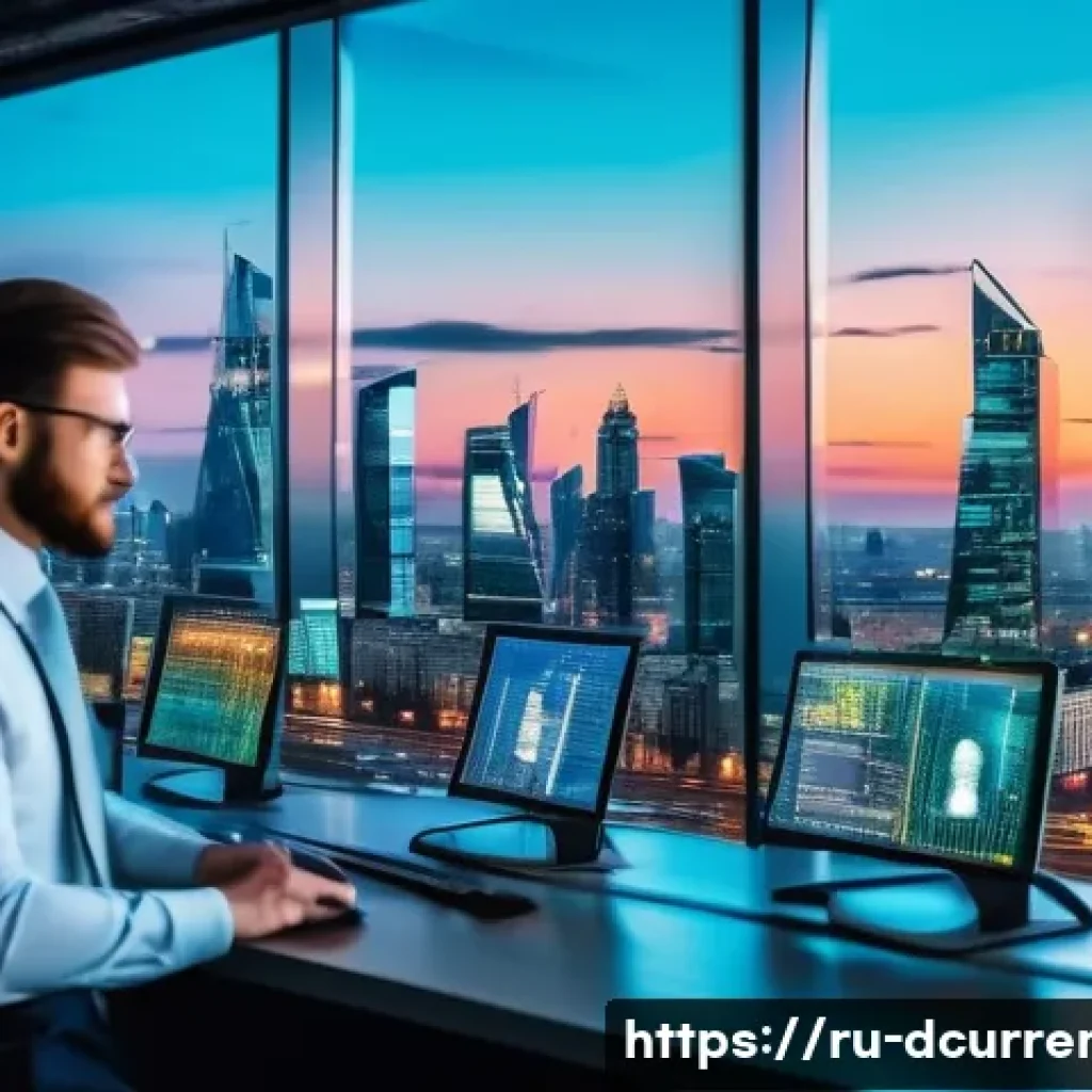 디지털화폐의 경제적 영향 분석 - A modern Russian financial office scene showing diverse professionals analyzing digital currency dat...