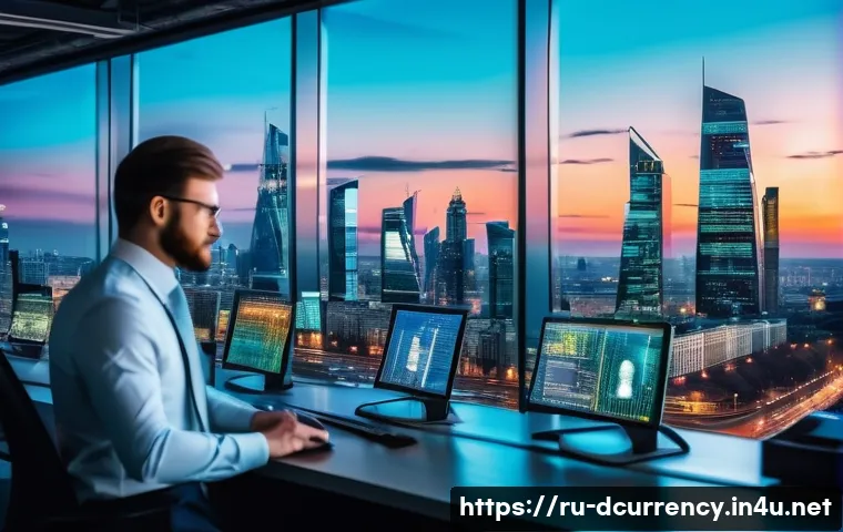 디지털화폐의 경제적 영향 분석 - A modern Russian financial office scene showing diverse professionals analyzing digital currency dat...