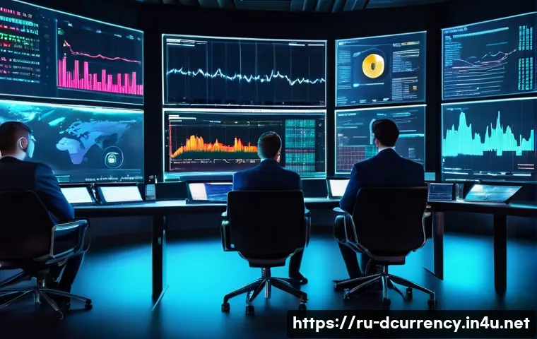 디지털화폐의 가격 흐름 분석 - A futuristic digital trading room filled with multiple holographic screens displaying cryptocurrency...