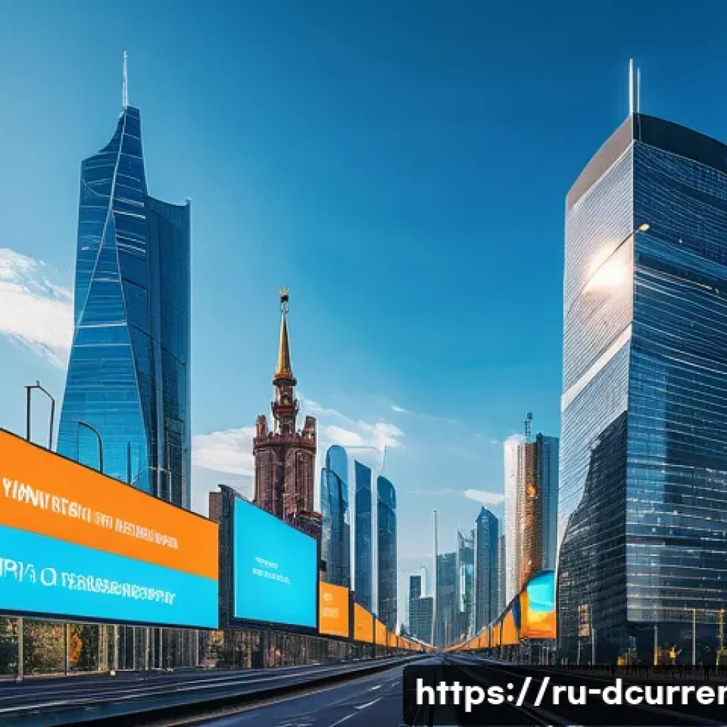 디지털화폐의 기술 혁신 분석 - A modern Russian cityscape with sleek skyscrapers and digital billboards displaying cryptocurrency s...