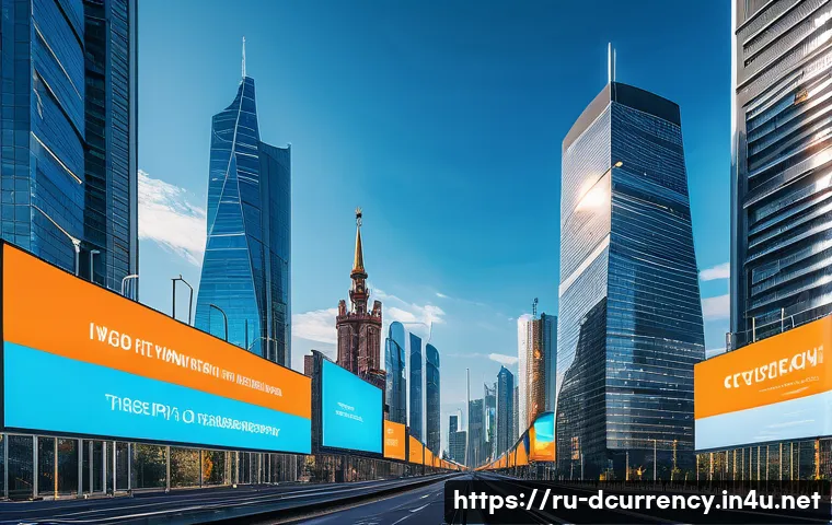 디지털화폐의 기술 혁신 분석 - A modern Russian cityscape with sleek skyscrapers and digital billboards displaying cryptocurrency s...