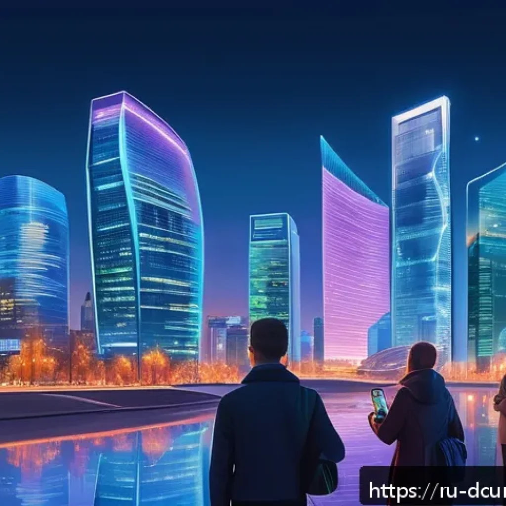 디지털화폐와 중앙은행의 디지털화폐 차이점 - A modern Russian cityscape at dusk with a diverse group of people using smartphones and digital wall...