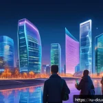 Home 22 디지털화폐와 중앙은행의 디지털화폐 차이점 - A modern Russian cityscape at dusk with a diverse group of people using smartphones and digital wall...