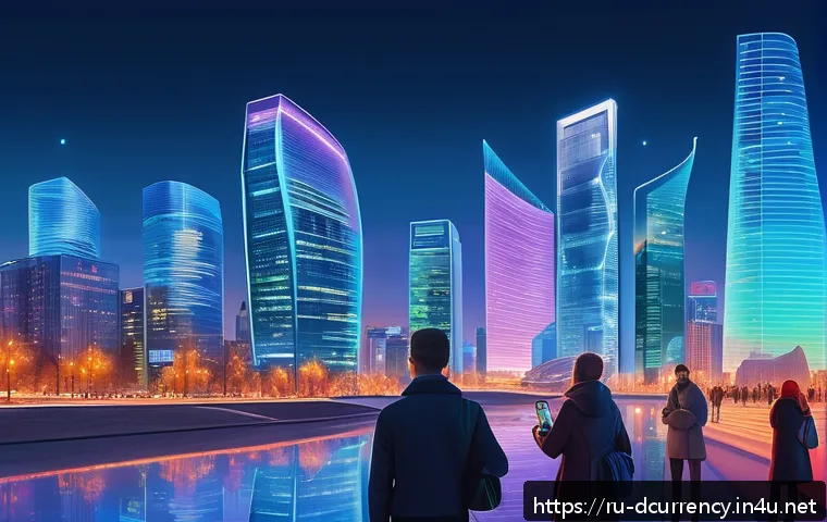 디지털화폐와 중앙은행의 디지털화폐 차이점 - A modern Russian cityscape at dusk with a diverse group of people using smartphones and digital wall...