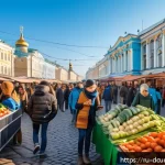Home 21 디지털화폐의 지급 결제 시스템 분석 - A modern Russian city street market scene during daytime, bustling with diverse people using digital...