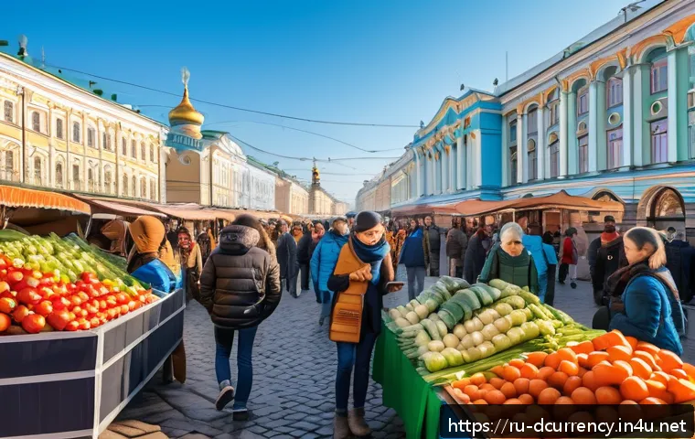 디지털화폐의 지급 결제 시스템 분석 - A modern Russian city street market scene during daytime, bustling with diverse people using digital...