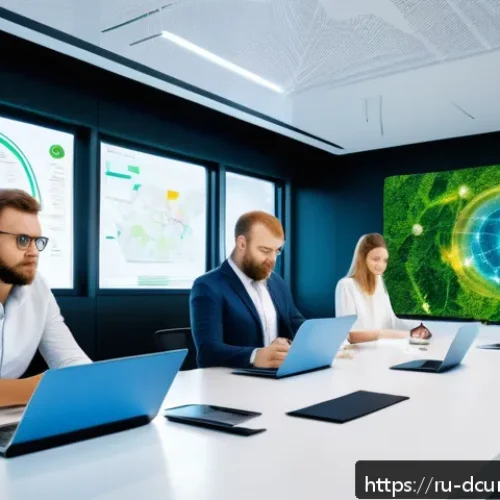 Home 31 디지털화폐와 그린 파이낸스 - A futuristic Russian eco-investment hub office, showing diverse professionals analyzing transparent ...