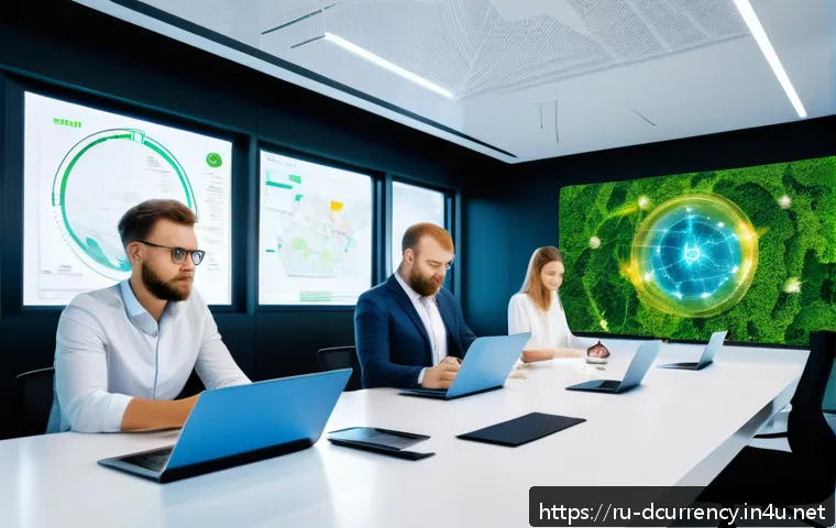 디지털화폐와 그린 파이낸스 - A futuristic Russian eco-investment hub office, showing diverse professionals analyzing transparent ...