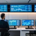 Home 23 디지털화폐와 관련된 정부 규제 동향 - A modern, high-tech cryptocurrency exchange office scene set in Russia, featuring diverse profession...