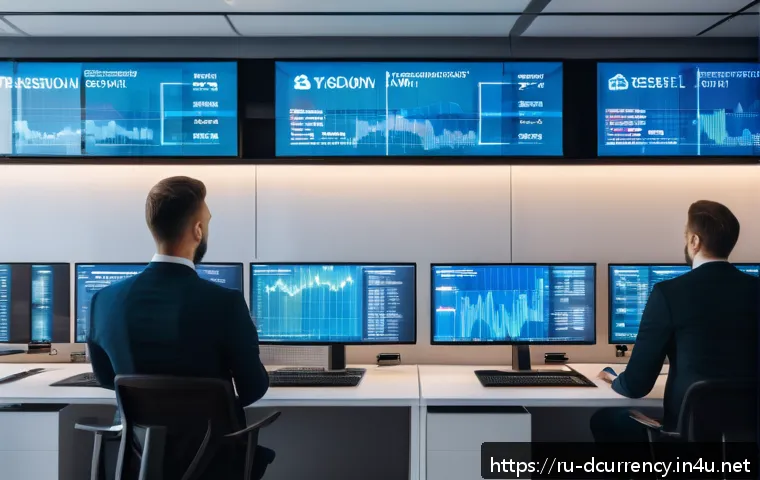 디지털화폐와 관련된 정부 규제 동향 - A modern, high-tech cryptocurrency exchange office scene set in Russia, featuring diverse profession...