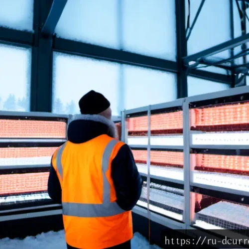 디지털화폐의 환경적 비용 - Photorealistic winter scene inside a large cryptocurrency mining warehouse on the outskirts of Siber...