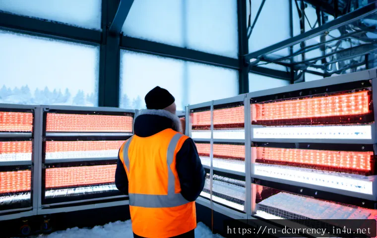 디지털화폐의 환경적 비용 - Photorealistic winter scene inside a large cryptocurrency mining warehouse on the outskirts of Siber...