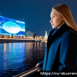 디지털화폐 시장의 비전 - Photorealistic futuristic Moscow financial district at blue-hour, a young Russian fintech analyst in...