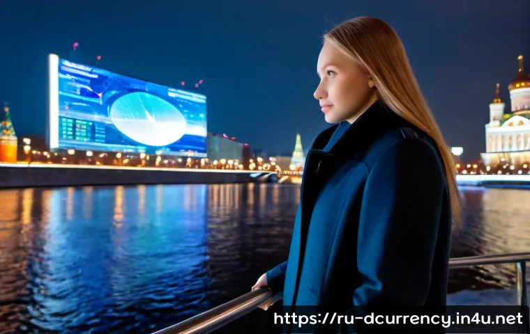 디지털화폐 시장의 비전 - Photorealistic futuristic Moscow financial district at blue-hour, a young Russian fintech analyst in...