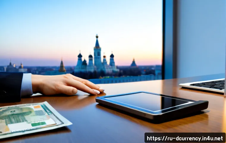 디지털화폐 기술 혁신의 미래 - Photorealistic modern Moscow financial office, a Russian fintech professional using a secure tablet ...